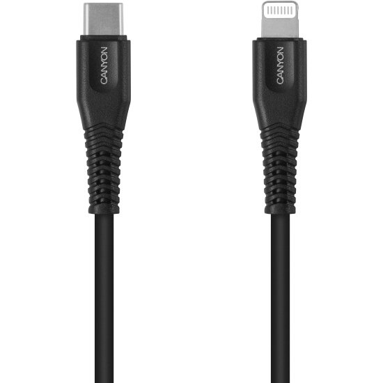 Кабель для зарядки CANYON и передачи данных USB Type-C - Lightning (лицензия Apple), MFI-4, 1.м., 3.5 мм. 5V/2.4A., PD 18Вт, черный