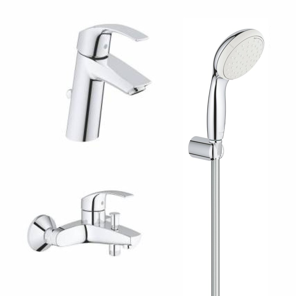 Готовый набор для ванной, GROHE Eurosmart, смесители для ванны и раковины, душевой набор, хром, (124470)