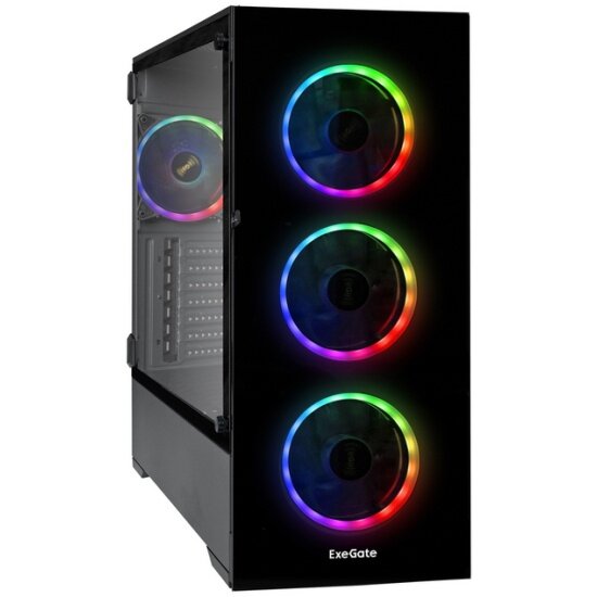 Корпус Miditower ExeGate i3 MAX (eATX, без БП, 2*USB+1*USB3.0, HD аудио, черный, 4 вент. 12см с RGB подсветкой, контроллер + ПДУ, ARGB MB кабель, пылевые фильтры, передняя и боковая панели - закаленное стекло) EX289024RUS