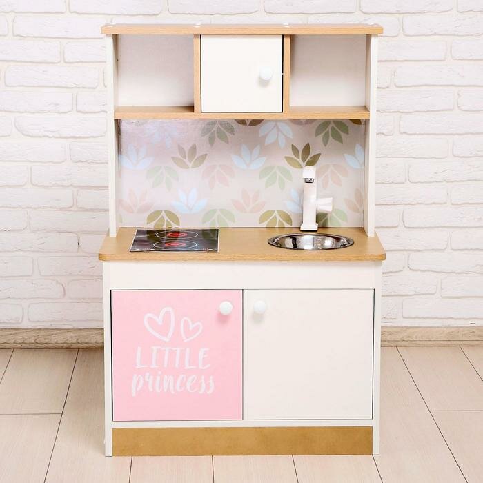 Игровая мебель «Детская кухня», цвет корпуса бело-бежевый, цвет фасада бело-розовый, фартук цветы - фотография № 7