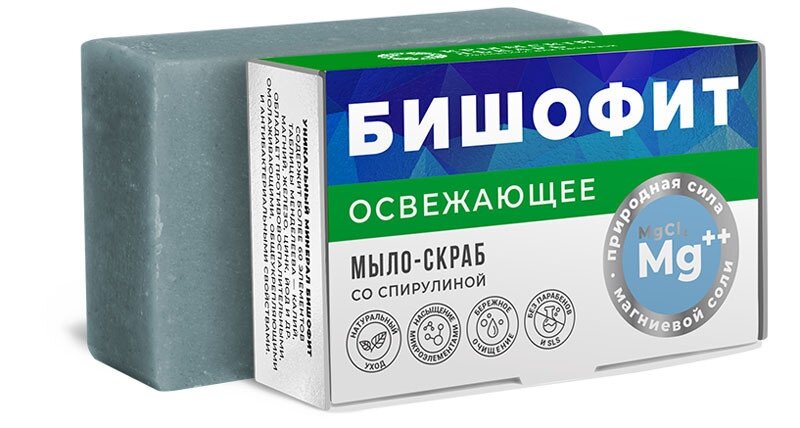 фото Мыло-скраб с бишофитом "Освежающее" со спирулиной, 100 г, Дом Природы