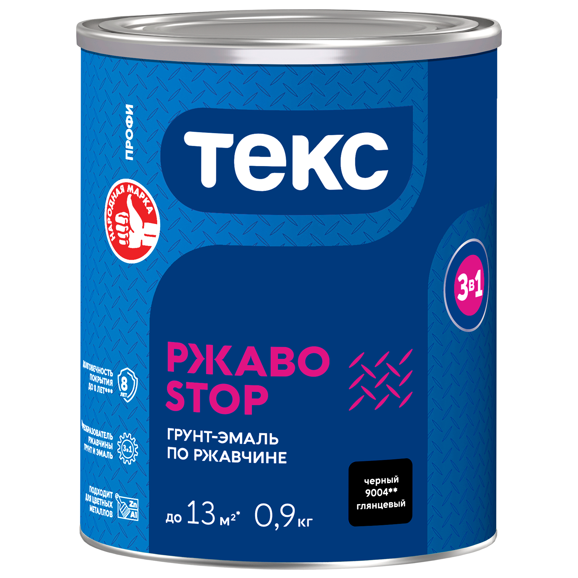 фото Текс профи ржавоstop грунт эмаль прямо по ржавчине 3 в 1, черный RAL 9004 (0,9кг)