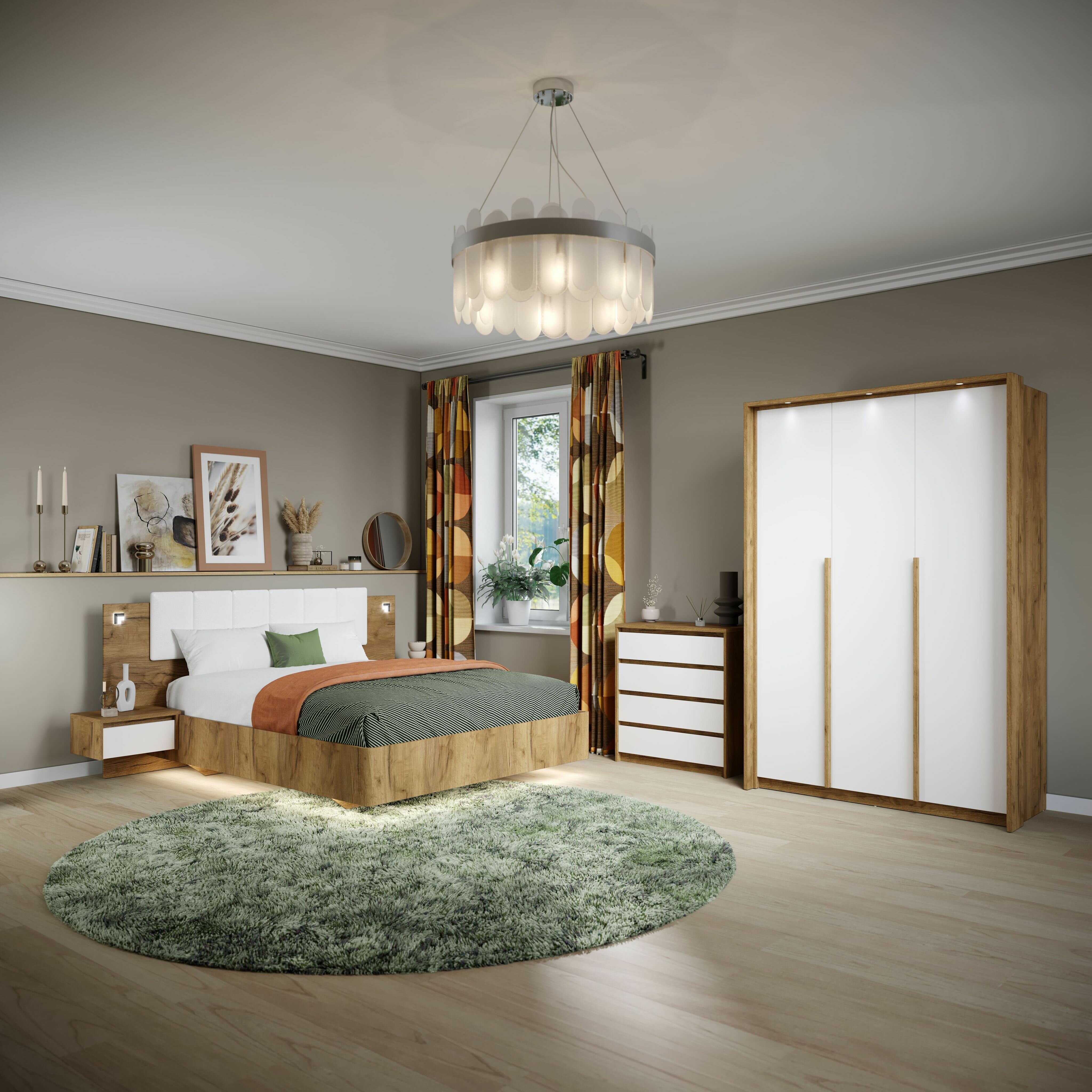Комплект мебели для спальни Мишель с трехдверным шкафом, Крафт золотой/белый жемчуг - фотография № 1