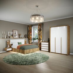 Комплект мебели для спальни Мишель с трехдверным шкафом, Крафт золотой/белый жемчуг