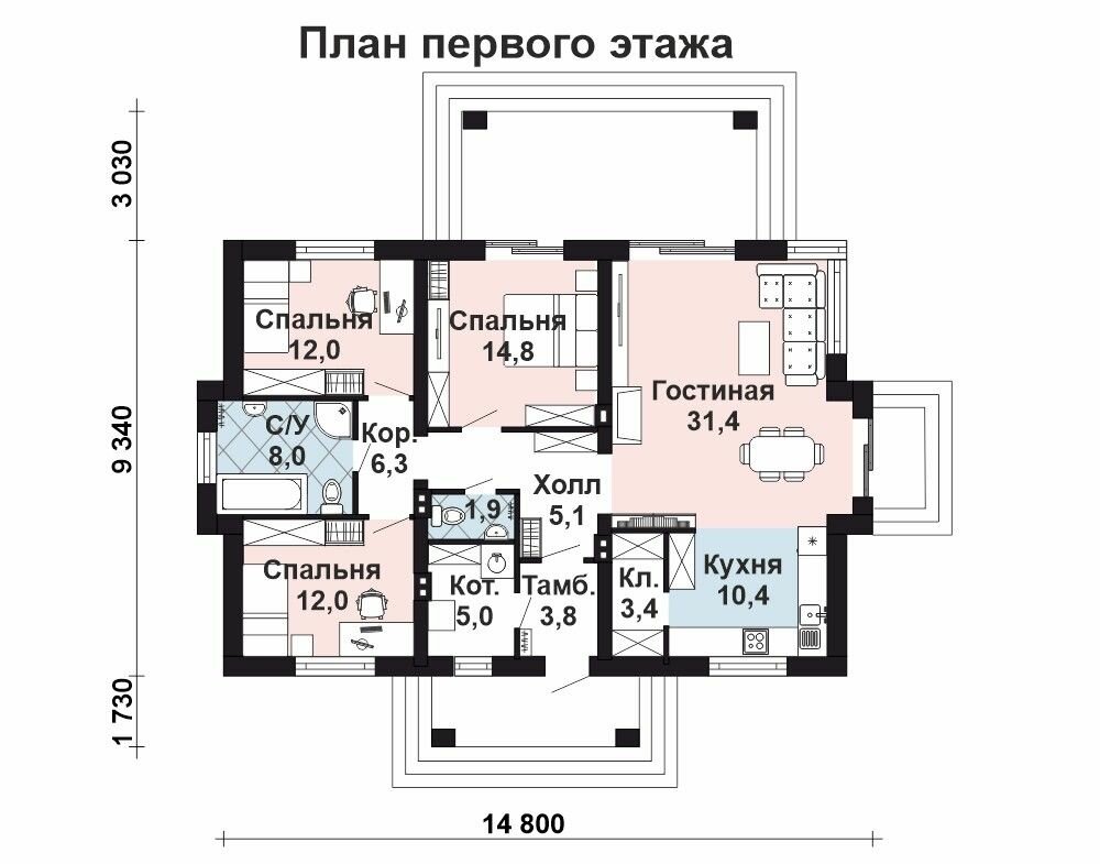 (122м2, 15х15м) Готовый проект одноэтажного дома из газобетона с 3 спальнями и террасой - AS-2578 - фотография № 3