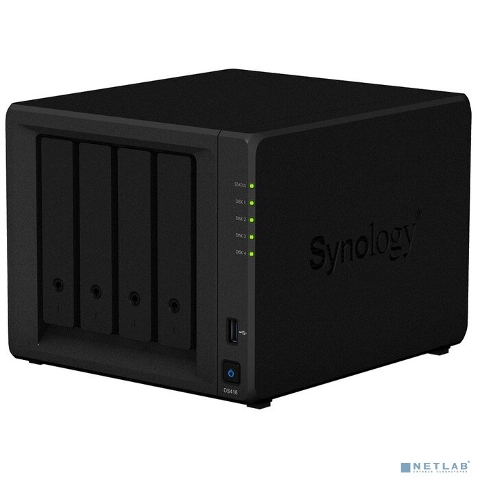 Synology Дисковый массив Synology DS418 Сетевое хранилище 4xHDD, QC1,4GhzCPU/2GB/RAID0,1,10,5,6/ SATA(3,5' or 2,5')/2xUSB3.0/2GigEth/iSCSI/2xIPcam(up to 30)/1xPS/2YW