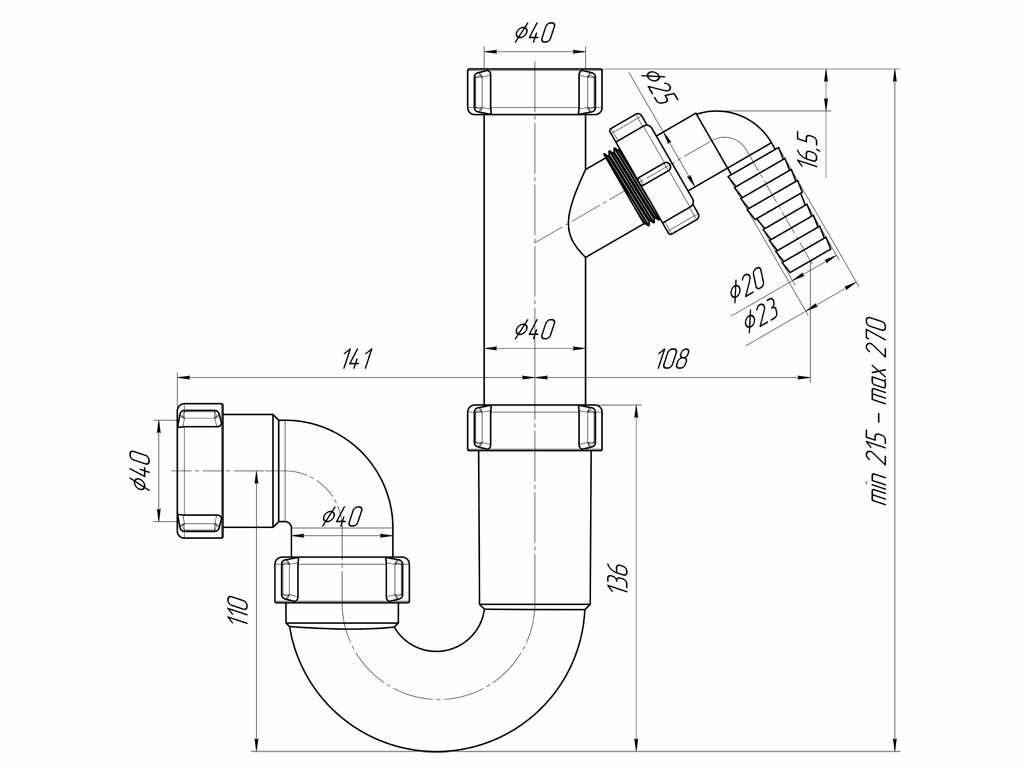 Сифон для кухонной мойки АНИ пласт D1020, 1 1/2"х40 прямоточный с отводом для стиральной машины без выпуска