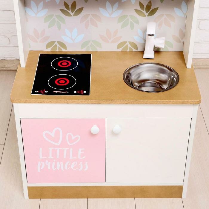 Игровая мебель «Детская кухня», цвет корпуса бело-бежевый, цвет фасада бело-розовый, фартук цветы - фотография № 2
