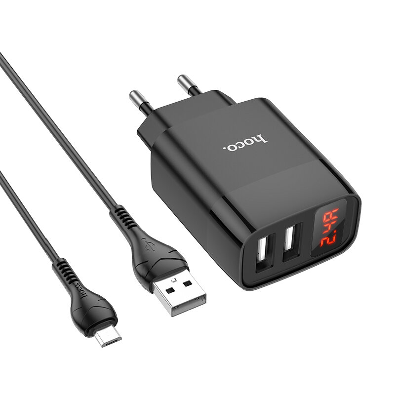 Зарядное устройство HOCO C86A Illustrious 2/USB + Кабель USB-Micro 2.4A черный с дисплеем