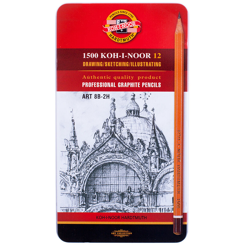 Набор карандашей ч/г "1500 ART" 12шт, 8B-2H, заточенный, метал. пенал KOH-I-NOOR 1502012008PL