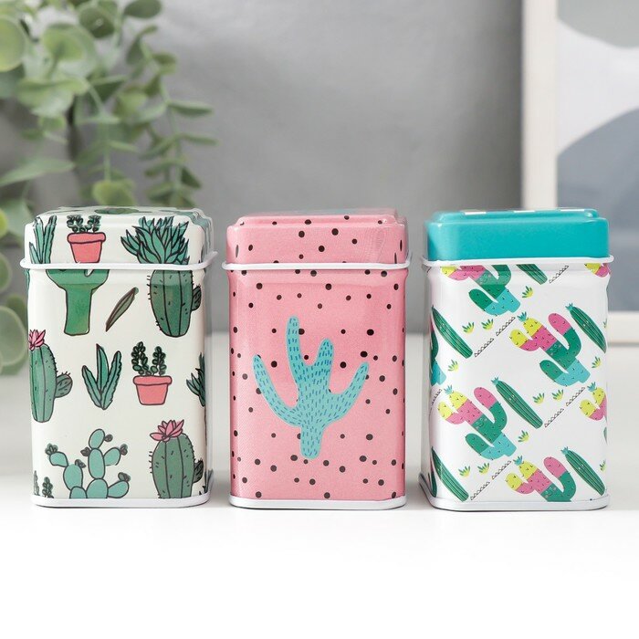 фото Шкатулка металл квадрат "Кактус" микс 4,5х4,5х7 см