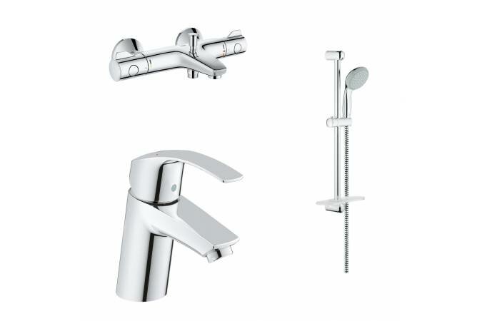 Готовый набор для ванны GROHE: смеситель для раковины, термостатический смеситель для ванны, душевой гарнитур, хром (124422)