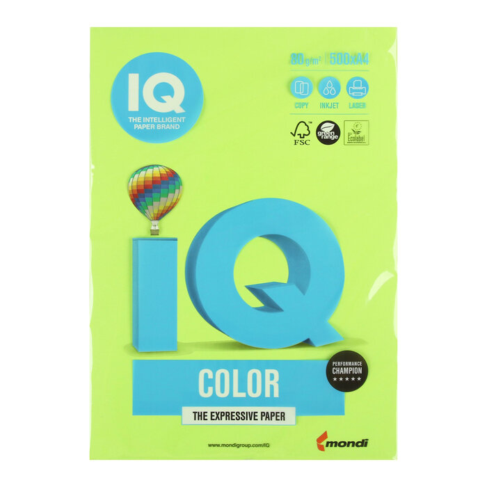 Бумага цветная А4 500 л, IQ COLOR, 80 г/м2, зеленый неон, NEOGN