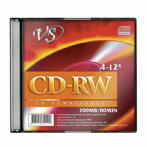 Диск CD-RW, комплект 50 шт., VS, 700 Mb, 4-12 x Slim Case, 1 штука, VSCDRWSL01