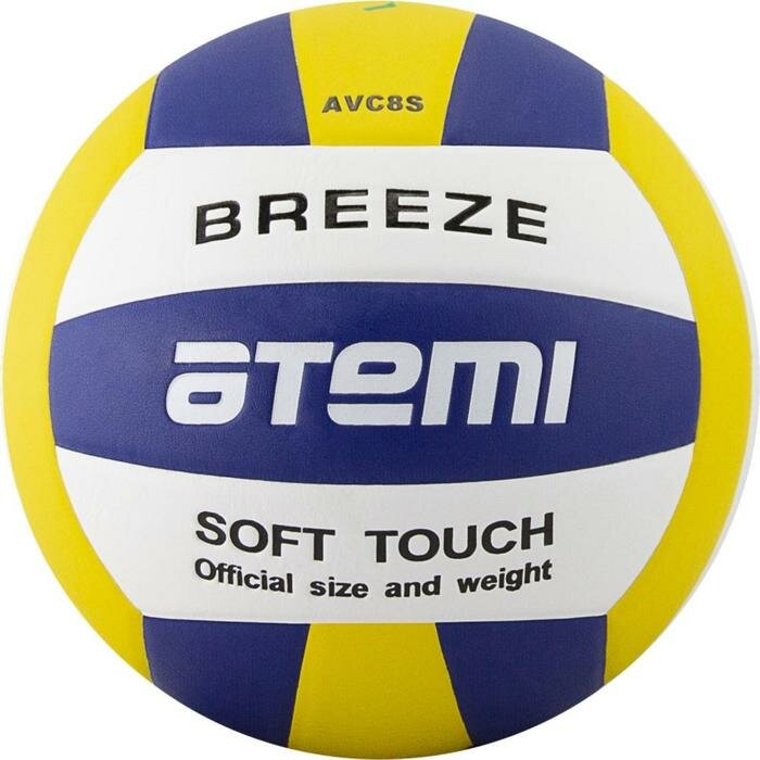 Atemi Мяч волейбольный Atemi BREEZE, синтетическая кожа Microfiber, цвет синий/жёлтый/белый, 18 панелей, клееный, окруж 65-67 см
