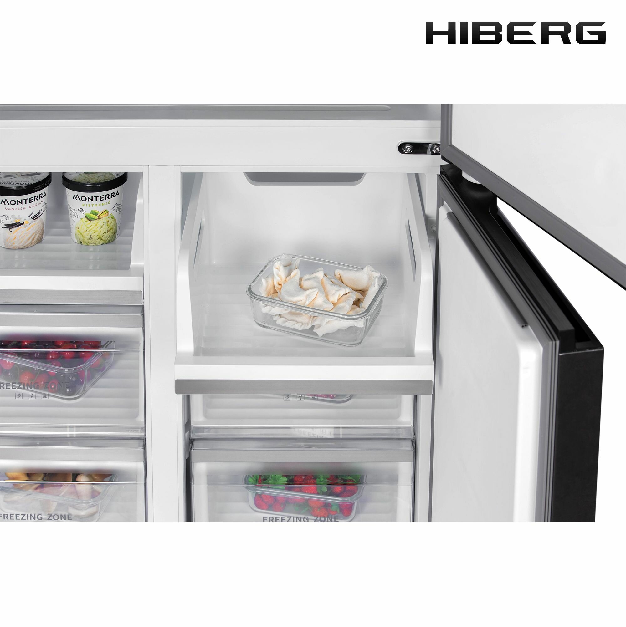 Отдельностоящий холодильник с возможностью встраивания HIBERG RFQ-600DX NFGY Inverter Cross Door "Бежевое стекло с золотистыми нитями" 192*84 - фотография № 11