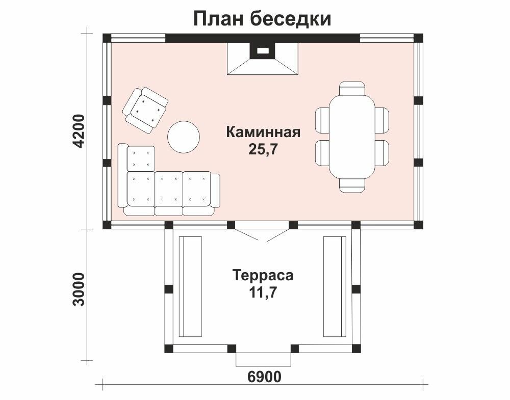 (37м2, 7х4м) Готовый проект каркасной беседки с камином - AS-2002-2 - фотография № 3