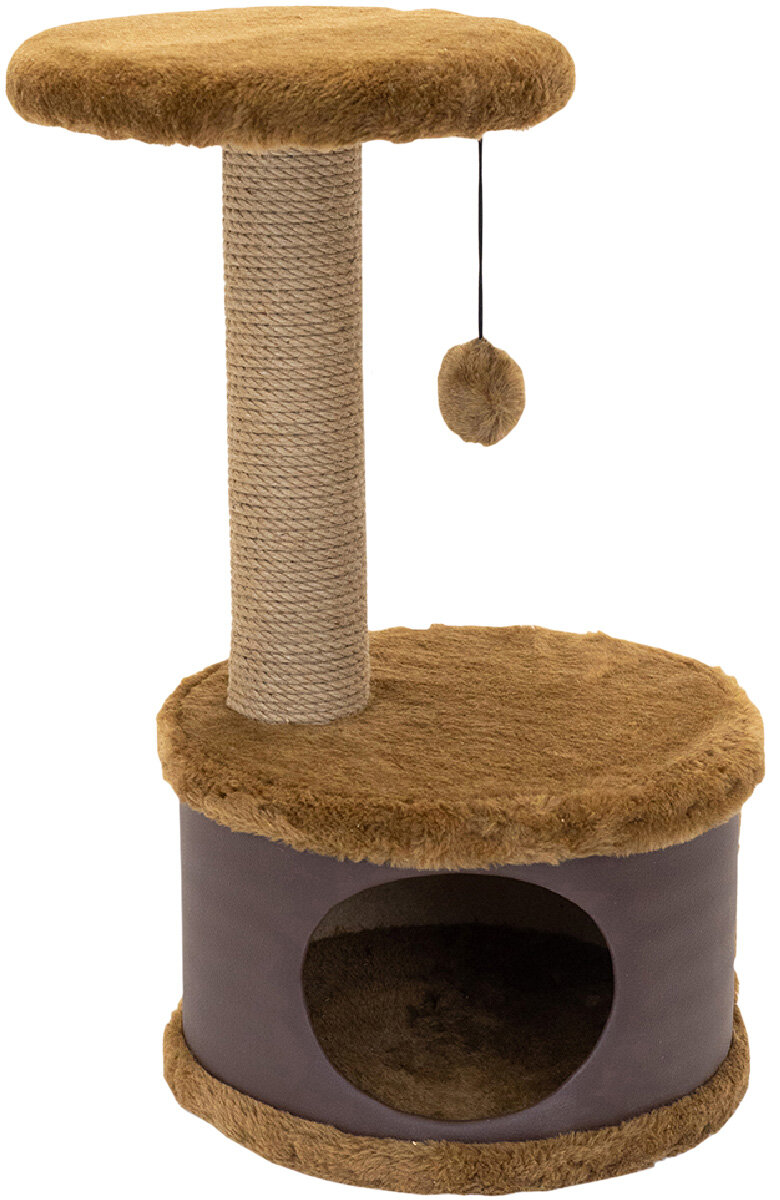 фото Домик когтеточка Дарэленд Конфетти круглый искусственный мех экокожа джут коричневый 37 х 37 х 73 см NEW (1 шт)