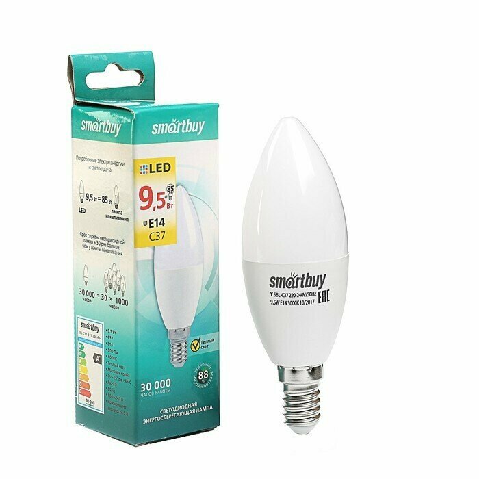 Лампа светодиодная Smartbuy, C37, Е14, 9.5 Вт, 3000 К, теплый белый свет
