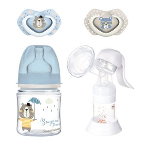 Фото Набор Canpol Babies: Ручной молокоотсос с принадлежностями, бутылочка 120 мл и 2 пустышки