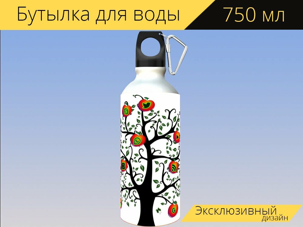 Бутылка фляга для воды "Значок, социальные медиа, дерево" 750 мл. с карабином и принтом