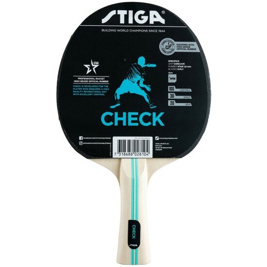 Ракетка для настольного тенниса Stiga Sports Stiga Check Hobby WRB, 1210-5818-01, для начинающих, одобренная ITTF накладка с губкой толщиной 1,6 мм, пятислойное ос