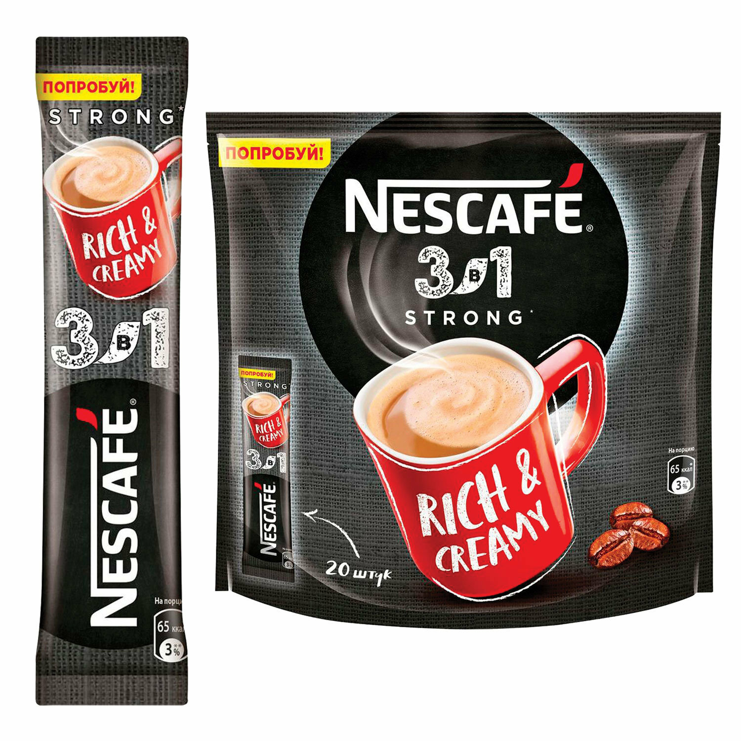 Кофе растворимый порционный NESCAFE "3 в 1 Крепкий", комплект 20 пакетиков по 14,5 г, 12460873 В наборе: 1компл. - фотография № 1