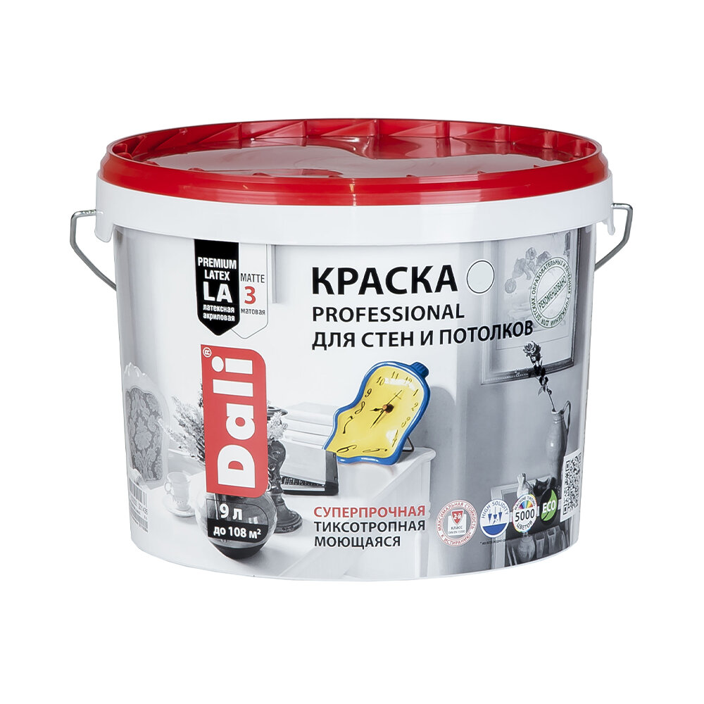 Краска для стен и потолков Dali Professional, акриловая, глубокоматовая, база C, бесцветная, 9 л