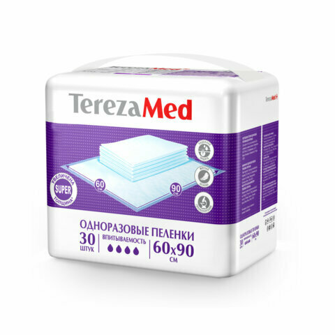 Пеленки 60×90 см, TEREZAMED Super, комплект 30 шт., впитывающие, одноразовые