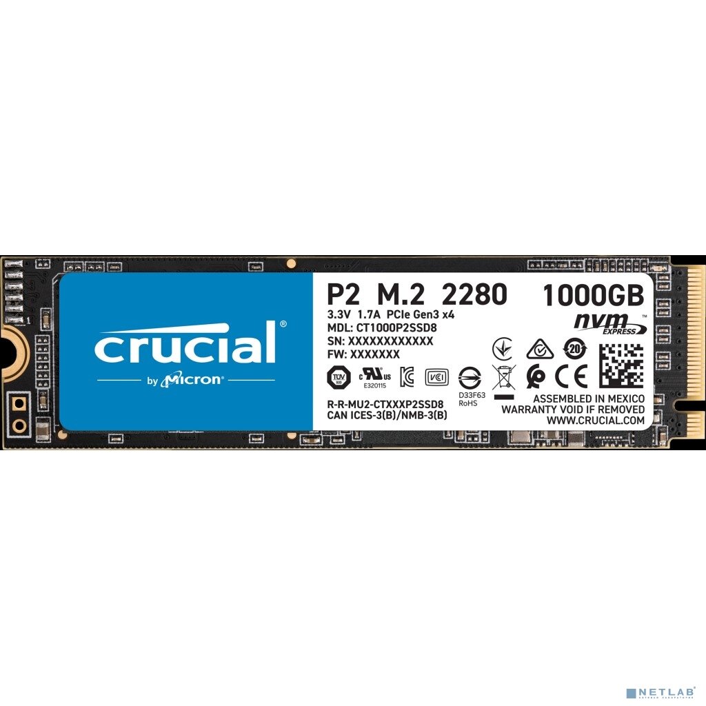 CRUCIAL накопитель Crucial SSD 1000GB P2 M.2 NVMe PCIEx4 80mm Micron 3D NAND 2300/1150 MB/s CT1000P2SSD8