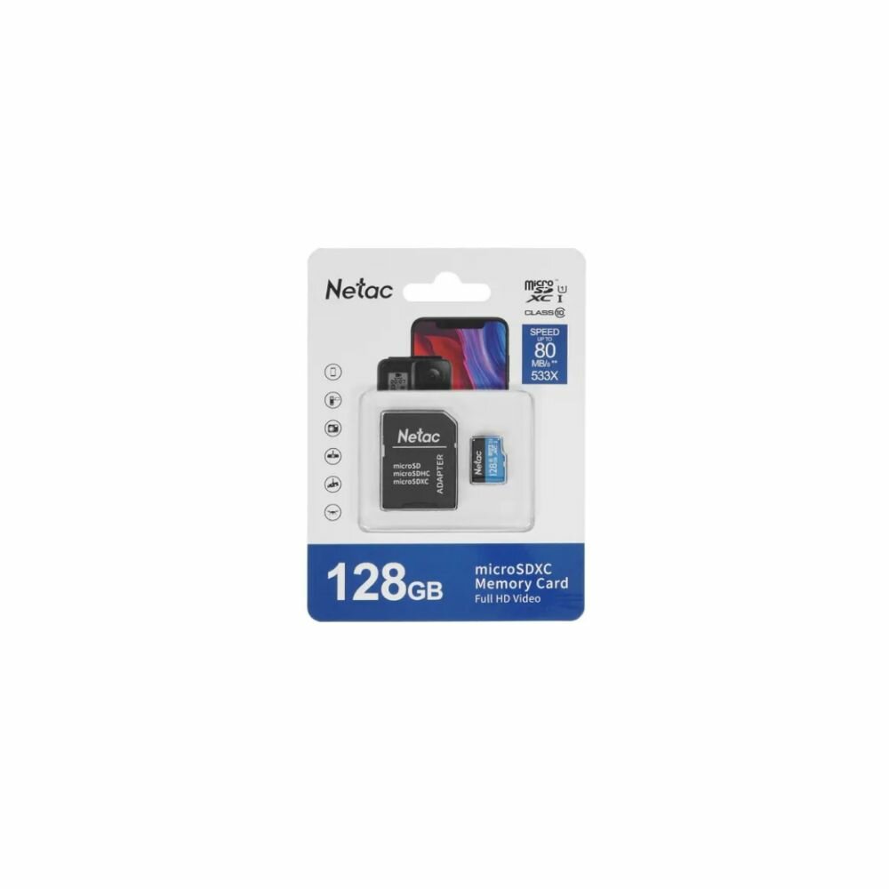 Флеш карта microSDHC 128GB Netac P500 /NT02P500STN-128G-R/ (с SD адаптером) 80MB/s