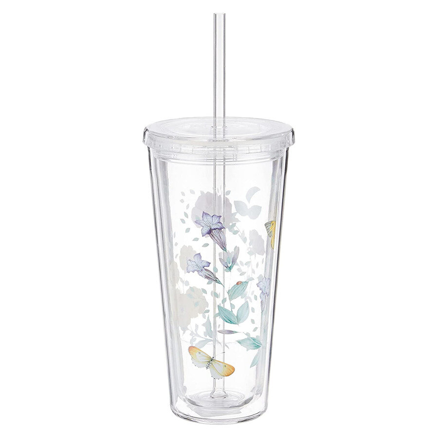 фото Стакан для воды с крышкой и трубочкой Lenox Бабочки на лугу 590 мл, пластик