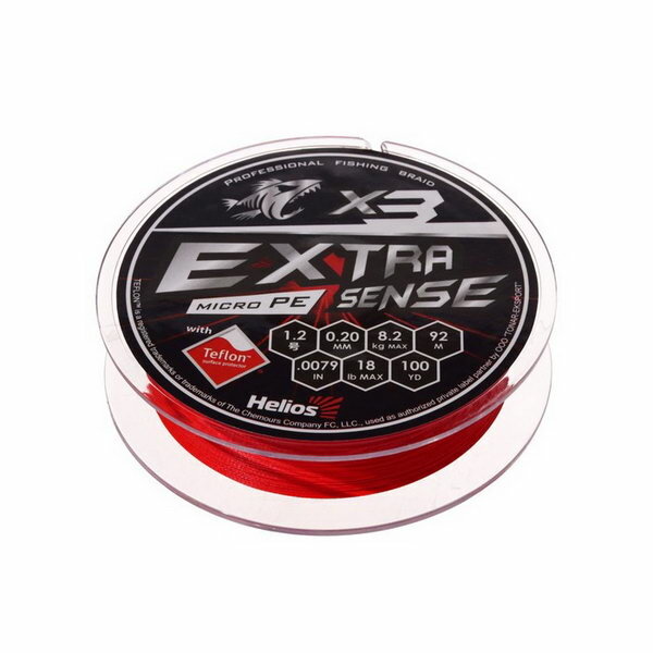 Шнур Extrasense X3 PE диаметр 0.2 мм тест 8.2 кг 92 м красный