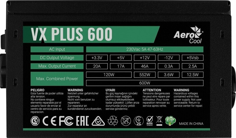 Блок питания Aerocool VX 600 PLUS 600W