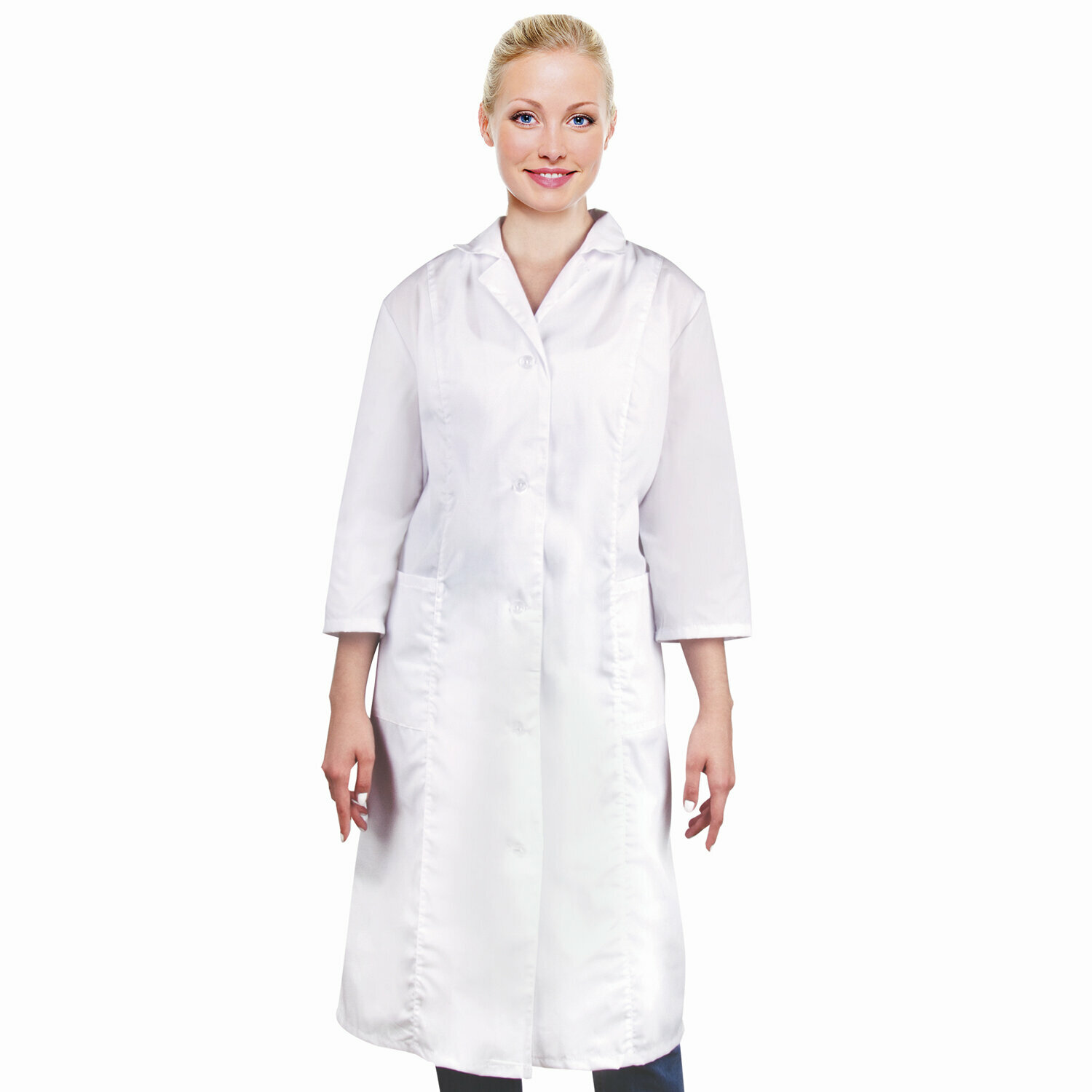 фото Халат медицинский женский белый, рукав 3/4, тиси, размер 56-58, рост 158-164, плотность ткани 120 г/м2, 610749