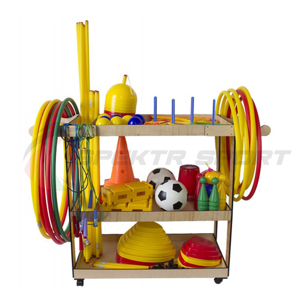 фото Тележка деревянная для спортинвентаря на колесах Цвет синий