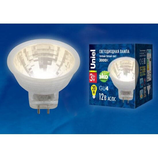 Светодиодная лампа UNIEL LED-MR11-3W/WW/GU4 GLZ21TR 12V. Прозрачная. Теплый белый свет (3000K). Картон. ТМ .