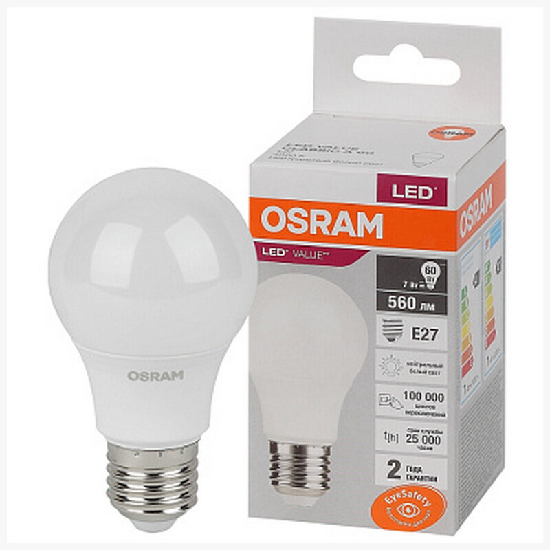 Лампа Osram LV CL A60 7SW 840 220 240V FR E27 560lm 180° 25000h LED, 4058075578760
