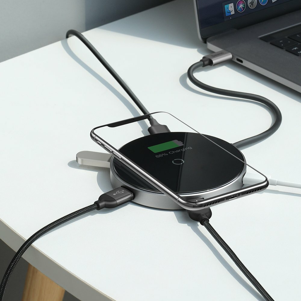 HUB адаптер с беспроводной зарядкой Baseus Circular Mirror Wireless Charger 6-in-1, Type-C to USB3.0*1 + USB2.0*3 + Type-C PD 60W, Черный
