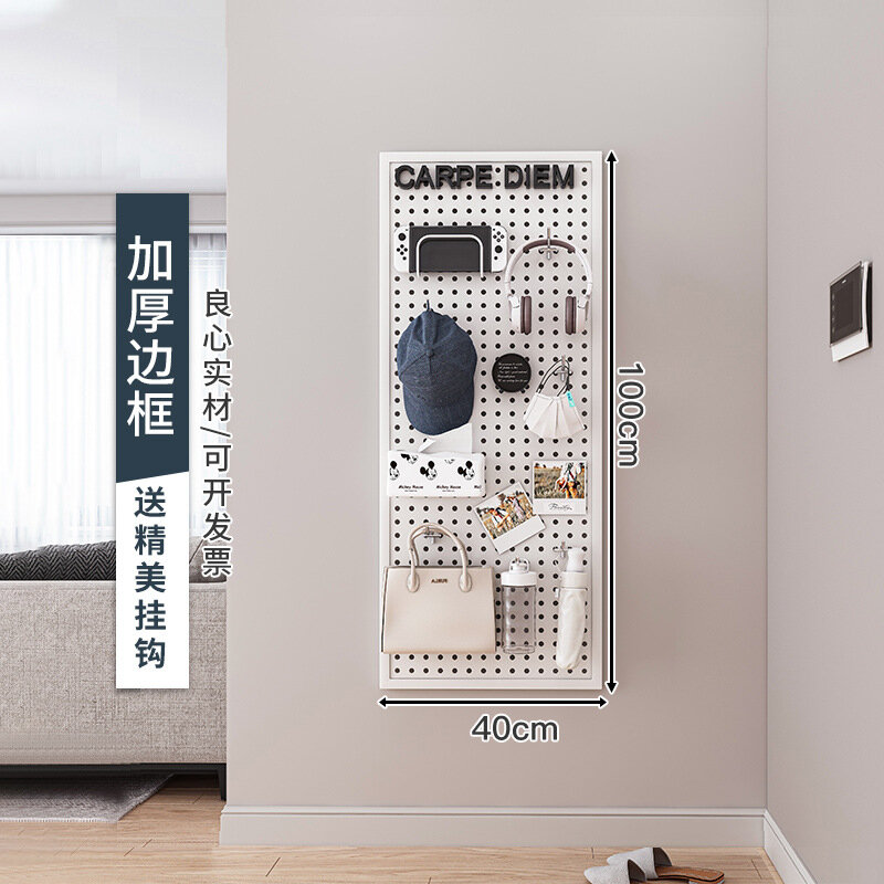 фото Утолщенная настенная полка из нержавеющей стали с круглыми отверстиями и рамкой, размер 100×40 см, цвет белый, с двойными металлическими крючками без застежки, для хранения ювелирных изделий, аппаратных средств и инструментов