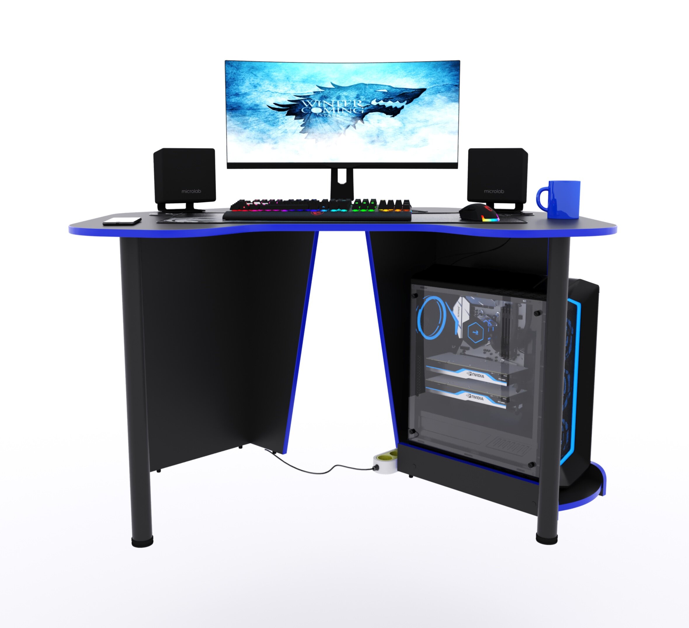 Угловой компьютерный стол "Угол" c подставкой для ПК, 120x87x75 см, чёрный с синей кромкой - фотография № 3