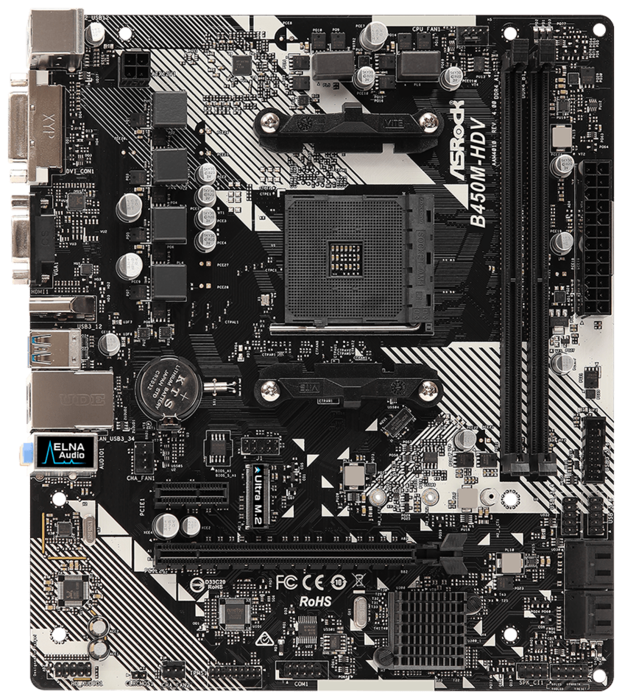 ASRock Материнская плата SocketAM4 ASRock B450M-HDV R4.0 (AMD B450, 2xDDR4, M.2, SATA III, RAID, PCI-E, D-Sub, DVI, HDMI, 1Гбит LAN, USB3.1, mATX) (ret)