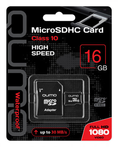 Карта памяти Qumo microSDHC 16 ГБ Class 10, V10, A1, UHS-I U1, адаптер на SD, 1 шт., черный