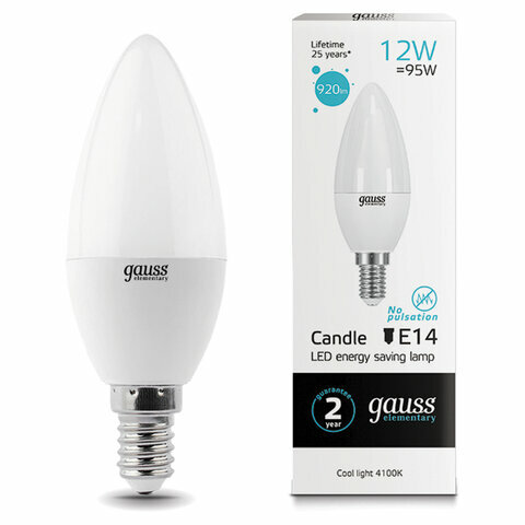 Лампа светодиодная GAUSS, 12(95)Вт, цоколь Е14, свеча, нейтральный белый, 25000 ч, LED B37-12W-4100-E14, 33122 (цена за 1 ед.товара)