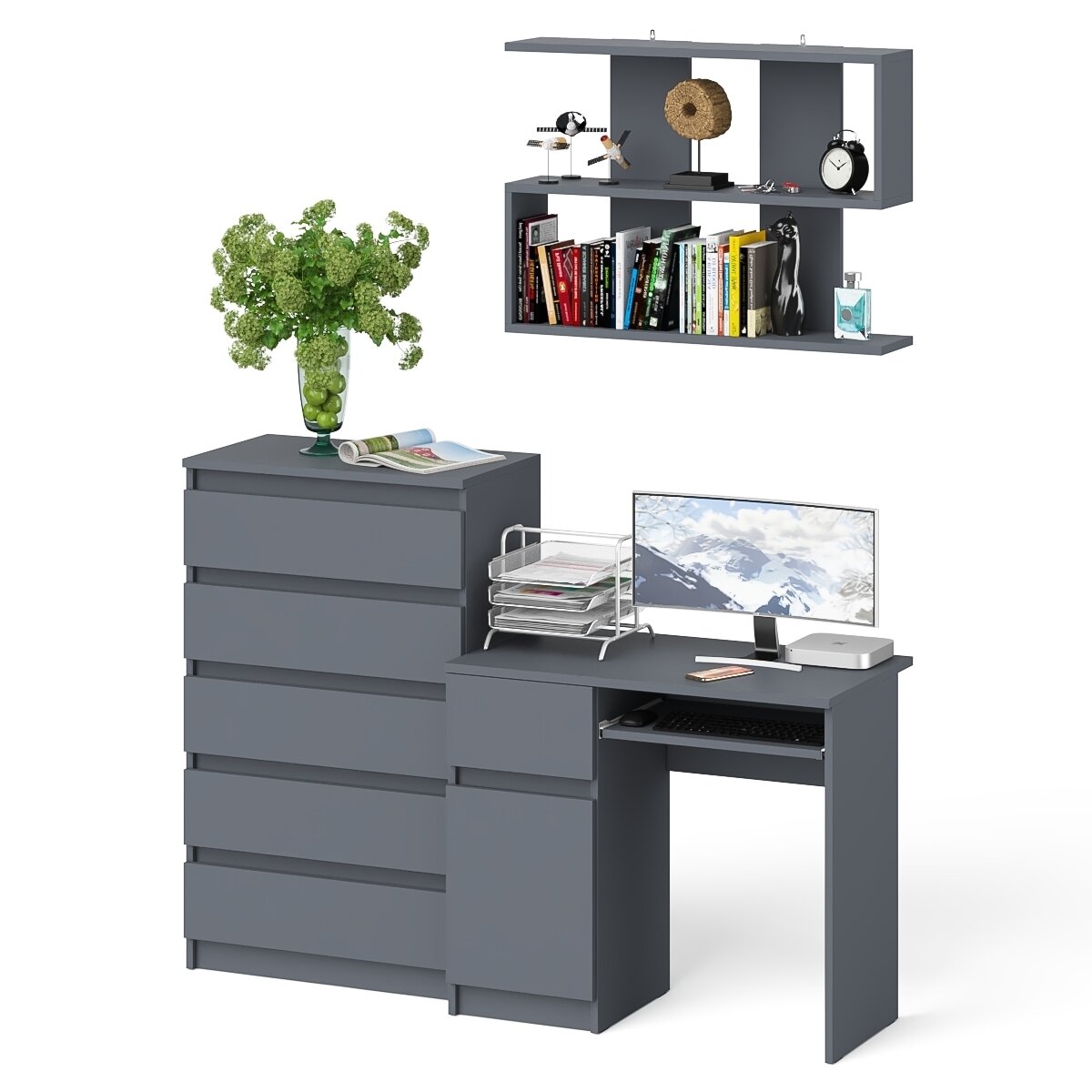 фото Стол компьютерный Мори МС-1 левый + Комод МК700.5 + Полка 900, цвет графит