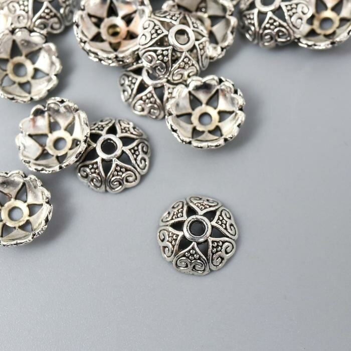 фото Декор шляпка для бусин "Цветок-полукруг" серебро 0,8х0,8 см набор 50 шт