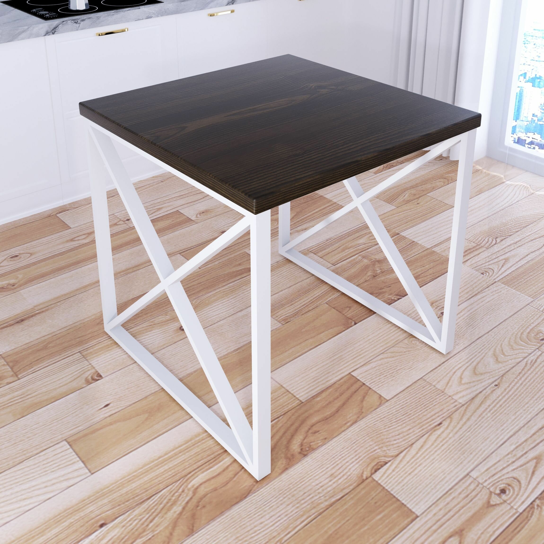 Стол кухонный Loft с квадратной столешницей цвета темного дуба из массива сосны 40 мм и белыми металлическими крестообразными ножками, 60x60х75 см - фотография № 2
