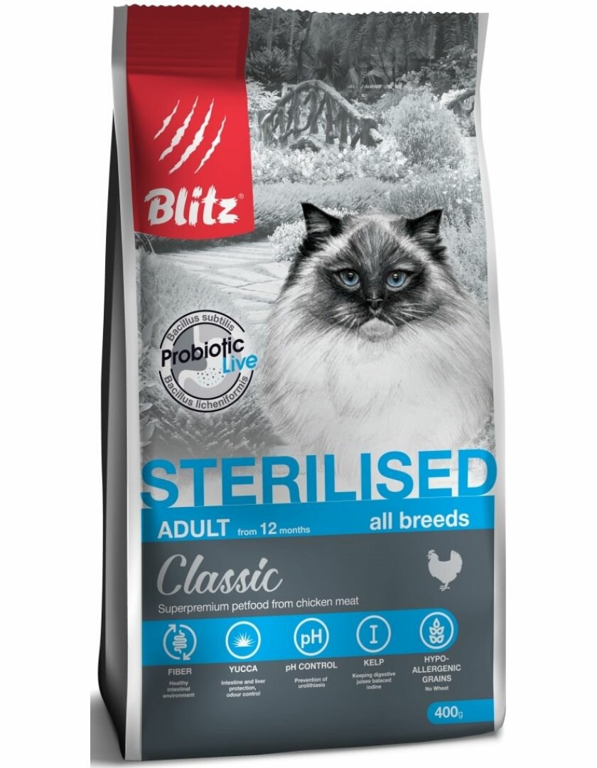 Blitz Classic Chicken Adult Sterilised Cat All Breeds для стерилизованных кошек с курицей 400 г - фотография № 3