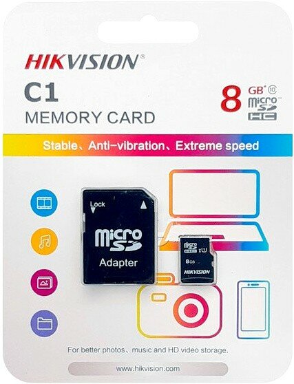 Карта памяти 8Gb Hikvision C1 + Class 10 microSDHC + SD адаптер (HS-TF-C1(STD)/8G/Adapter)