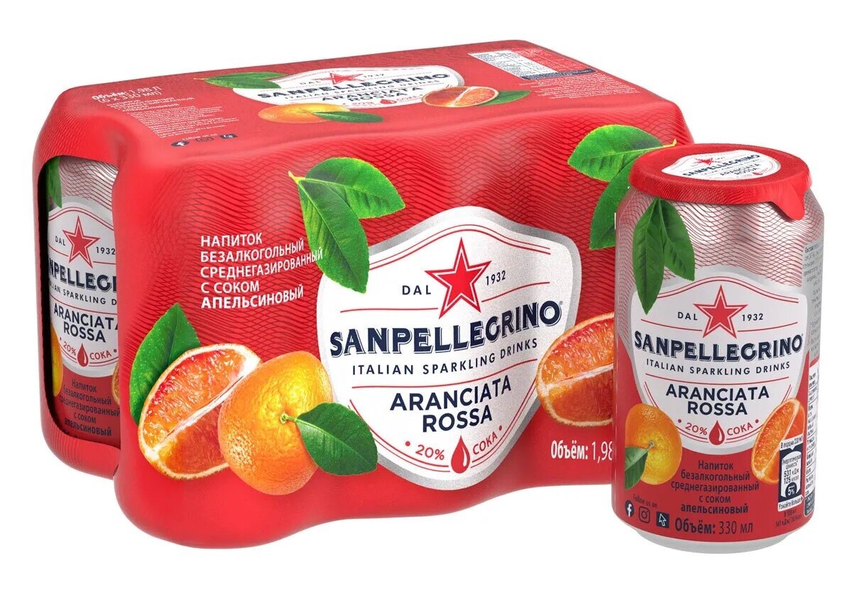 Напиток газированный Sanpellegrino(Сан Пеллегрино) с соком красного апельсина 0,33л х 6 шт. ж/б